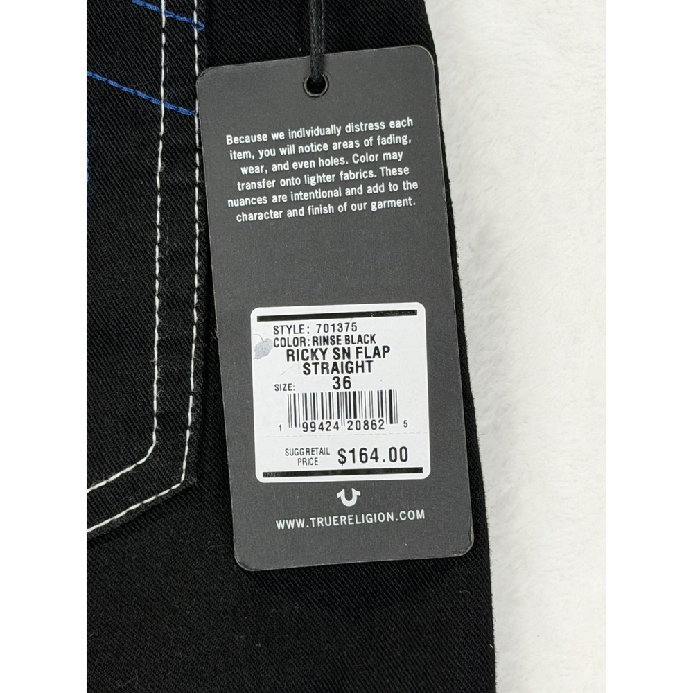 True Religion Ricky Relaxed Straight Jeans Rinse Black Contrast Stitch Mens 36 - Picture 2 of 6